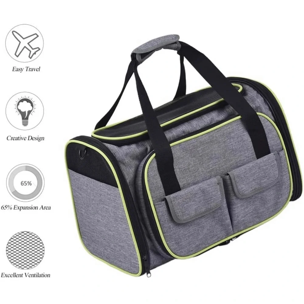 Travel Pet Carrier Soft Sides Foldable W/ Fleece Mat Airline Approve Expandable